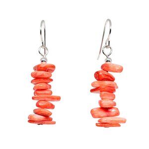 Coral Dyed Mother of Pearl Chip Dangle Earrings Silver Tone Handmade Boho